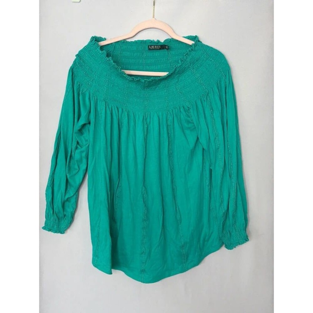 Lauren Ralph Lauren green smocked off-shoulder top, long sleeve, size XL